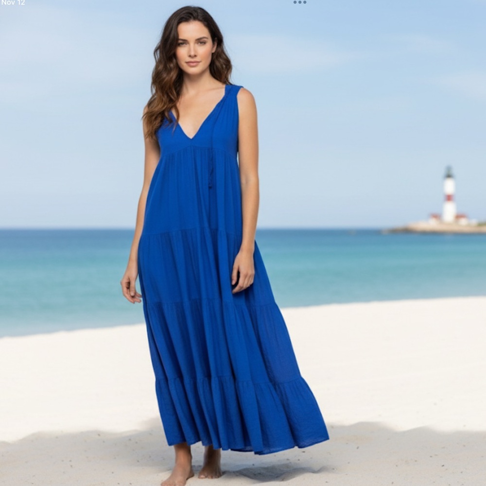 9Seed Resort Lighthouse Beach Dress 100% Cotton Blue Tiered Flowy Sleeveless Med